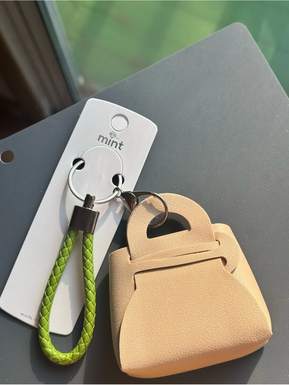 NWT Mint Mini Handbag Keychain & Bag Charm Tan with Green Braided Strap